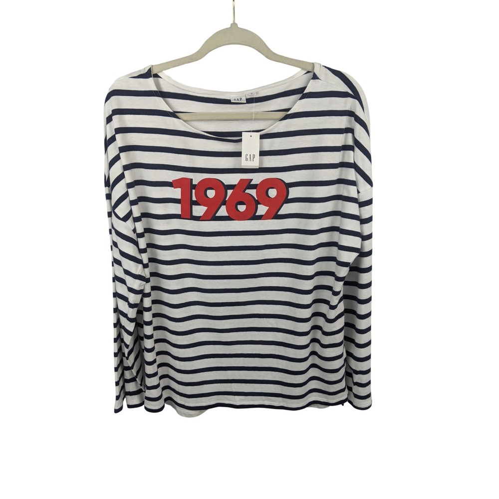 Gap 1969 Striped Long Sleeve Graphic Tee Navy Blue White Red Size M NWT